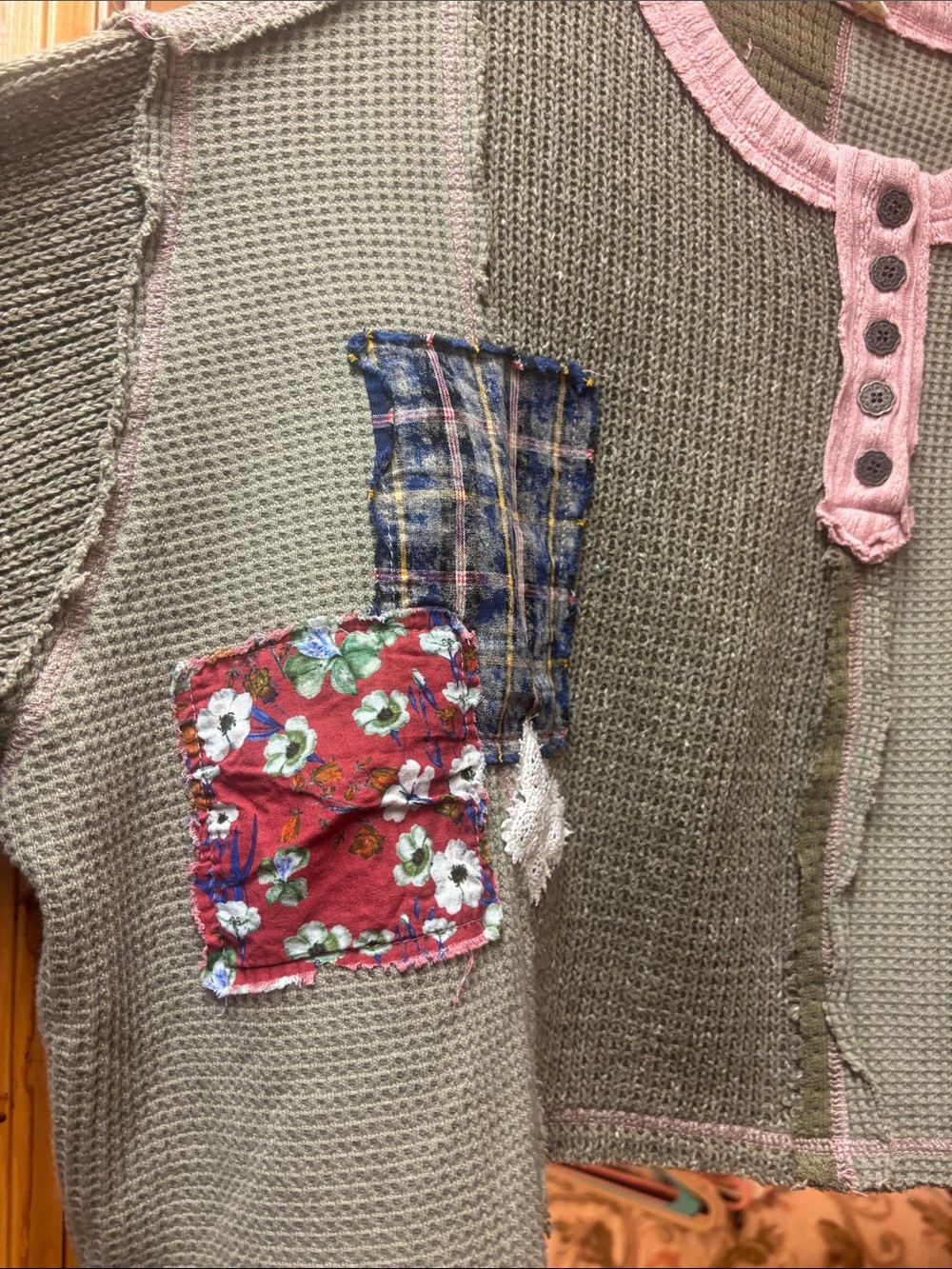 POL Patchwork Waffle-Knit Sweater in Olive & Pink - Picture 2 of 8